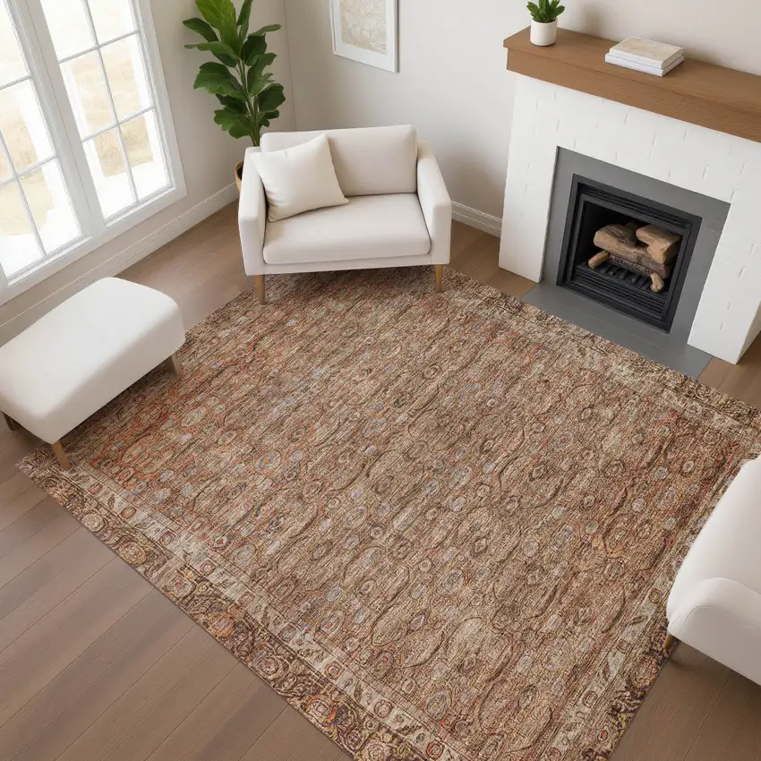 Copper And Beige Oriental Washable Area Rug With UV Protection Photo 4