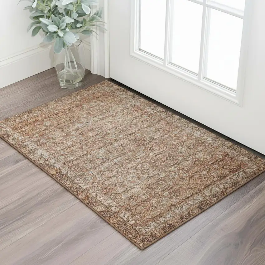 Copper And Beige Oriental Washable Area Rug With UV Protection Photo 2