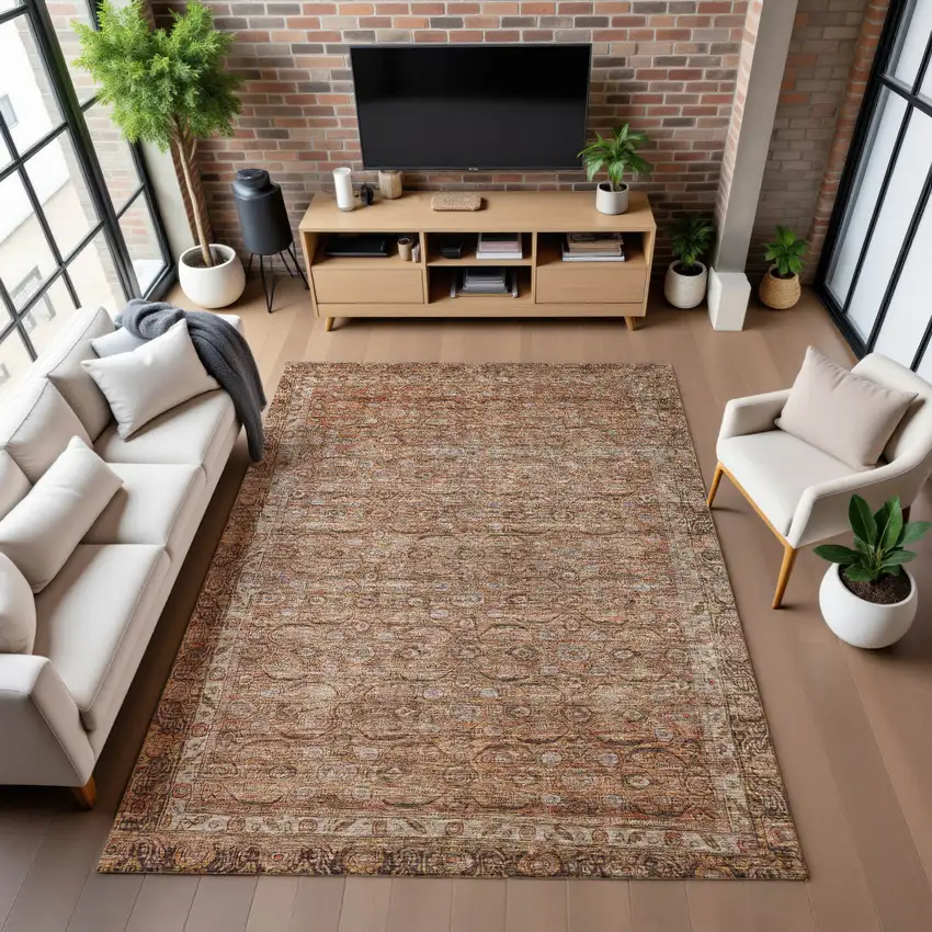 Copper And Beige Oriental Washable Area Rug With UV Protection Photo 6