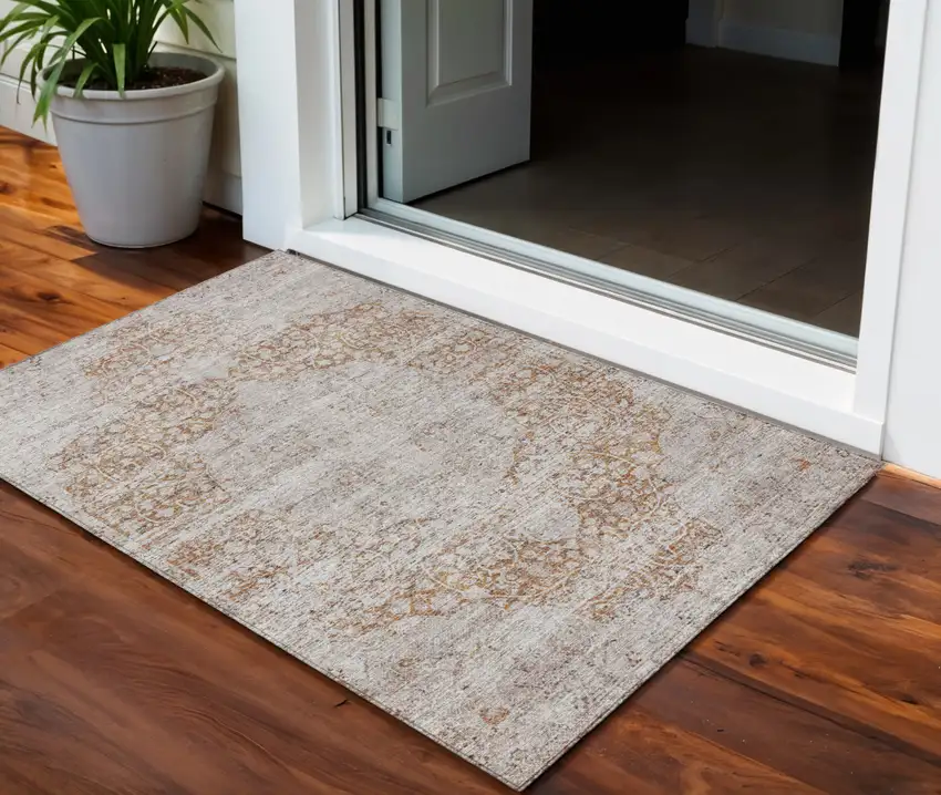 Copper And Beige Oriental Washable Indoor Outdoor Area Rug Photo 1