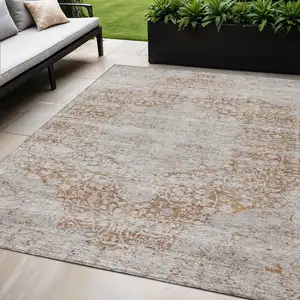Photo of Copper And Beige Oriental Washable Indoor Outdoor Area Rug