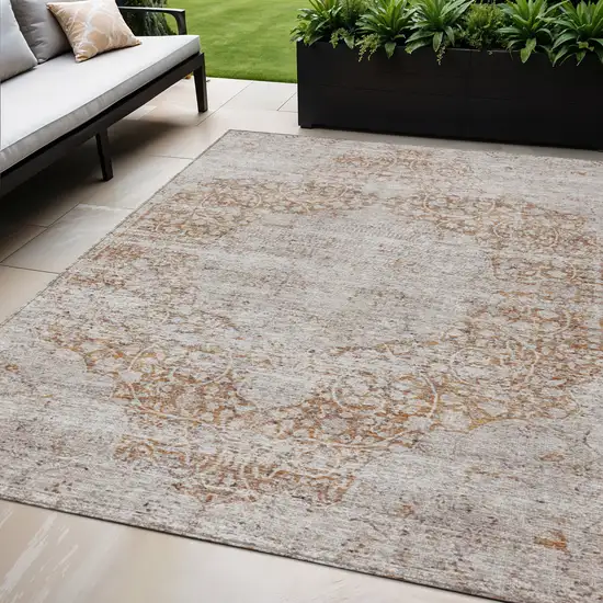 Copper And Beige Oriental Washable Indoor Outdoor Area Rug Photo 1