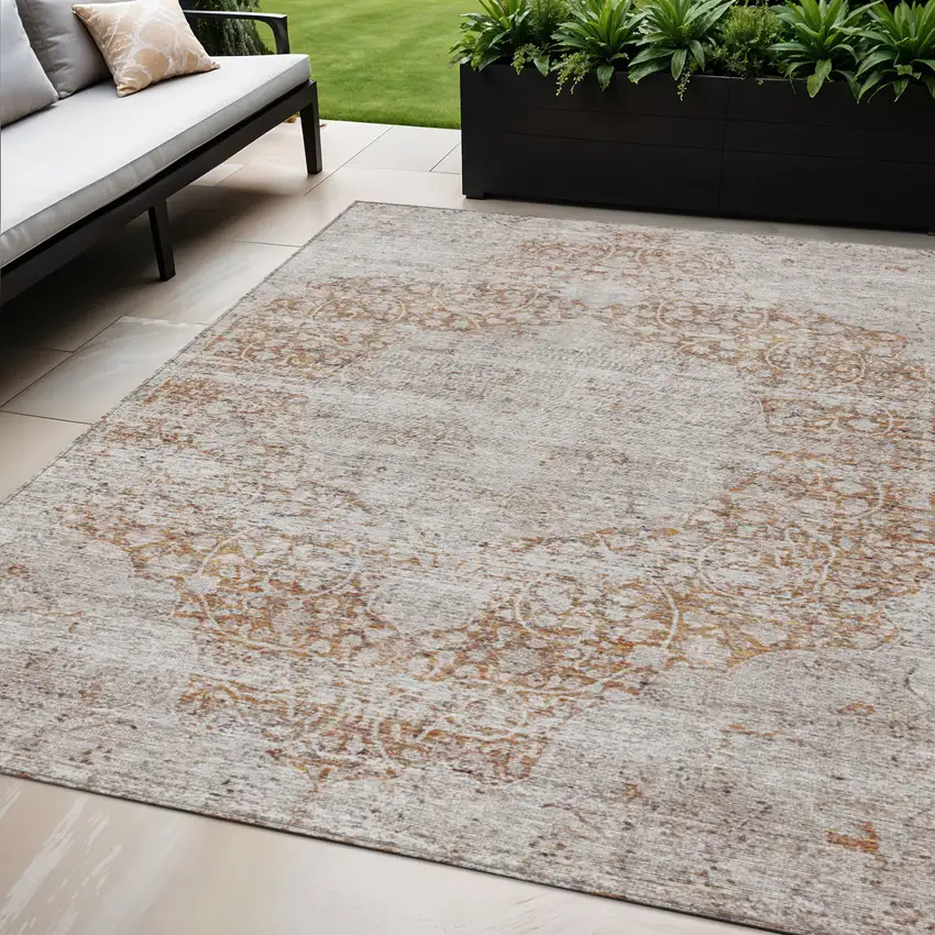 Copper And Beige Oriental Washable Indoor Outdoor Area Rug Photo 1