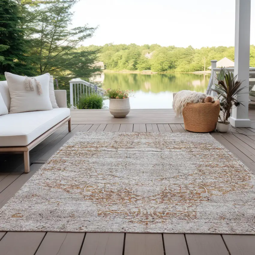 Copper And Beige Oriental Washable Indoor Outdoor Area Rug Photo 7