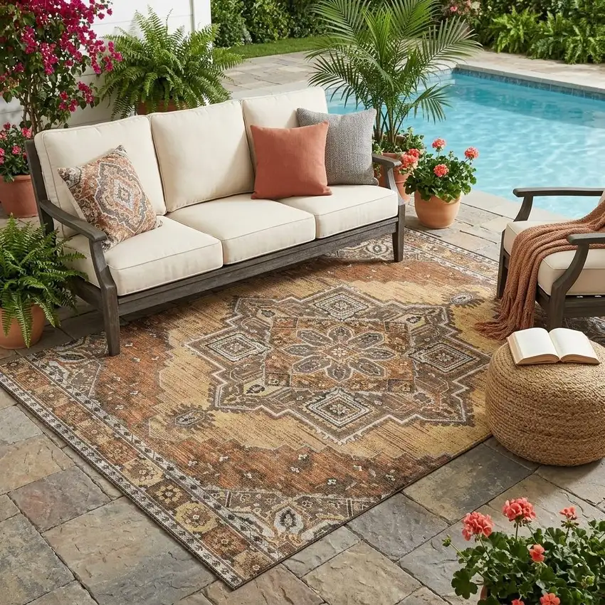 Copper And Beige Oriental Washable Indoor Outdoor Area Rug Photo 1