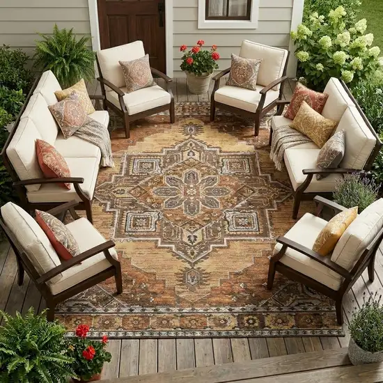 Copper And Beige Oriental Washable Indoor Outdoor Area Rug Photo 1