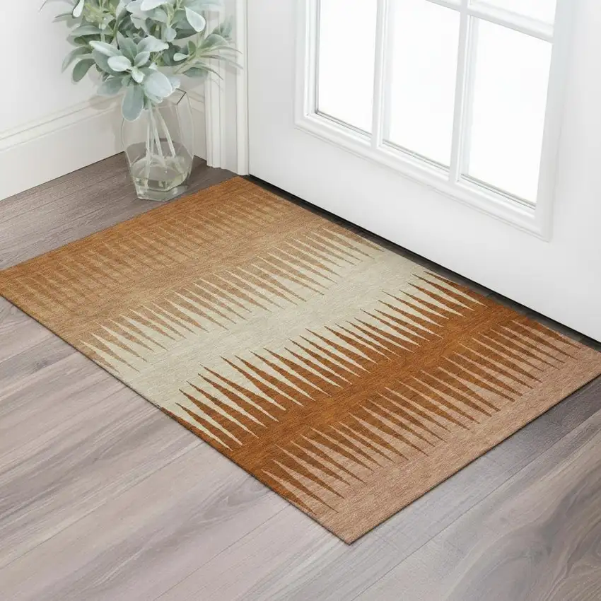 Copper And Beige Striped Washable Area Rug With UV Protection Photo 1