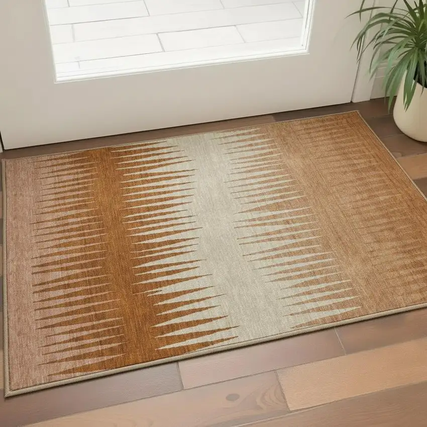 Copper And Beige Striped Washable Area Rug With UV Protection Photo 2