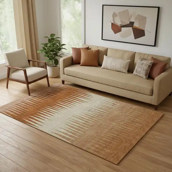 Copper And Beige Striped Washable Area Rug With UV Protection Photo 1