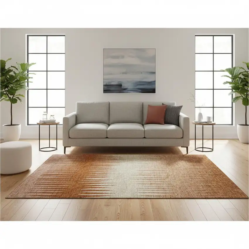 Copper And Beige Striped Washable Area Rug With UV Protection Photo 2