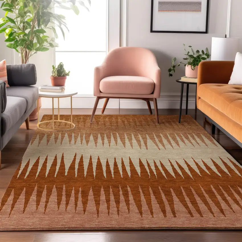 Copper And Beige Striped Washable Area Rug With UV Protection Photo 4