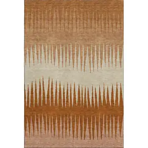 Photo of Copper And Beige Striped Washable Area Rug With UV Protection