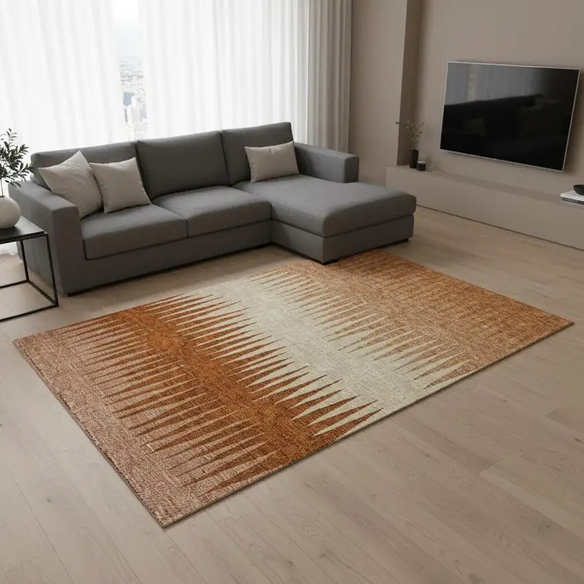 Copper And Beige Striped Washable Area Rug With UV Protection Photo 2