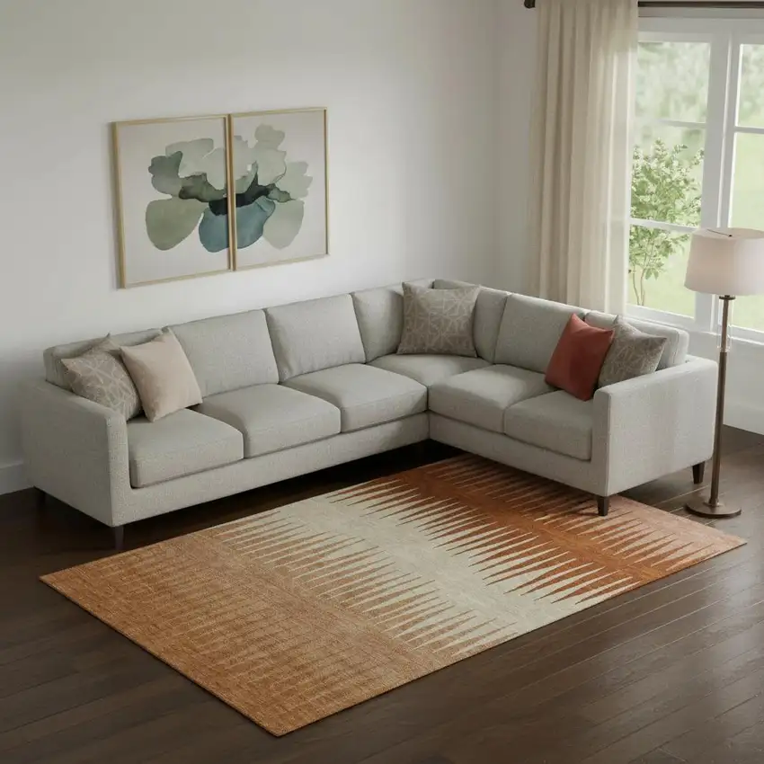 Copper And Beige Striped Washable Area Rug With UV Protection Photo 1