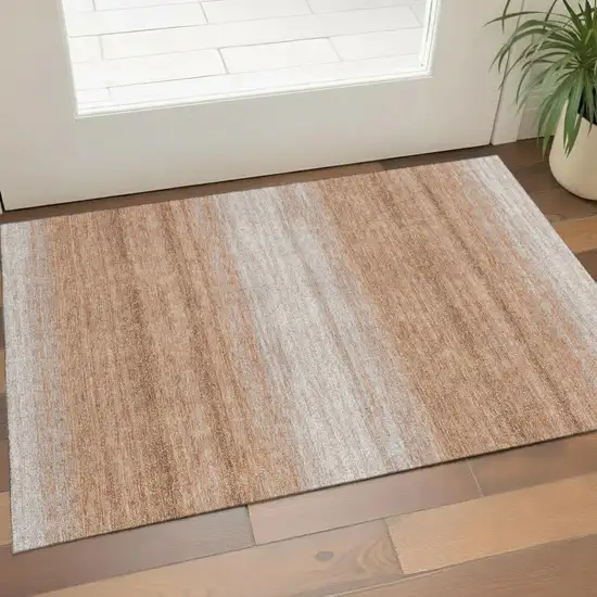Copper And Beige Striped Washable Area Rug With UV Protection Photo 1