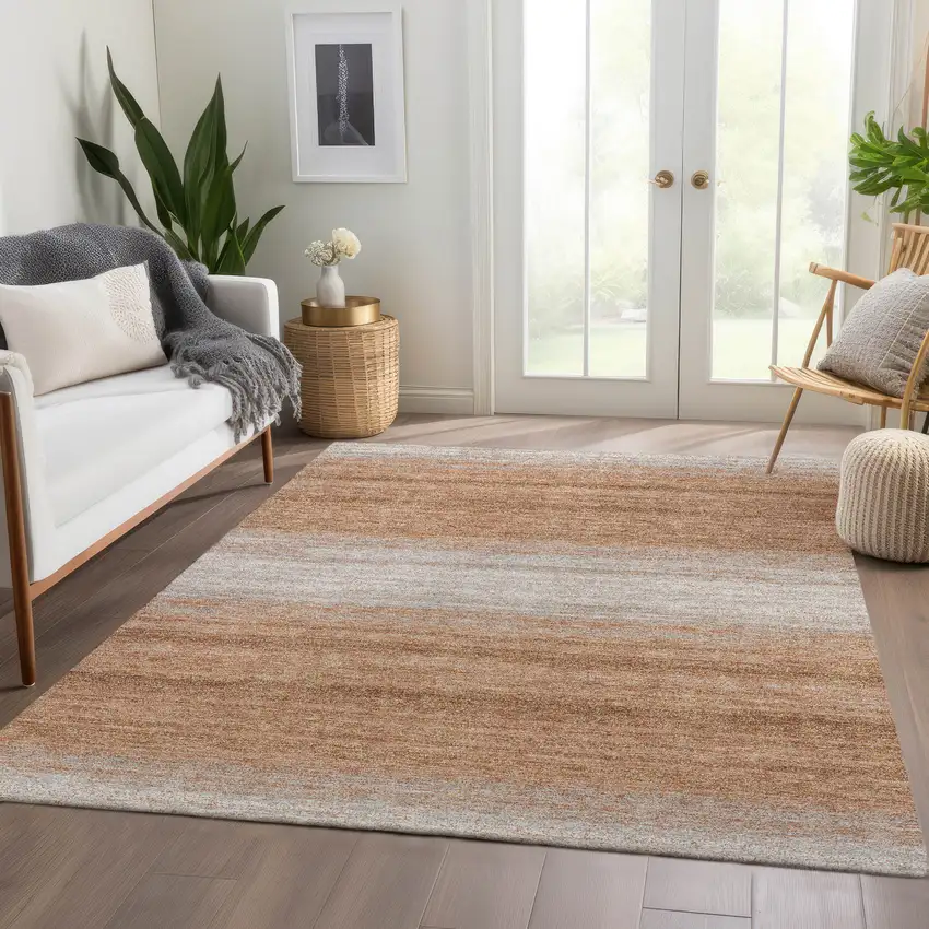 Copper And Beige Striped Washable Area Rug With UV Protection Photo 5