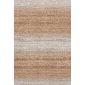 Photo of Copper And Beige Striped Washable Area Rug With UV Protection