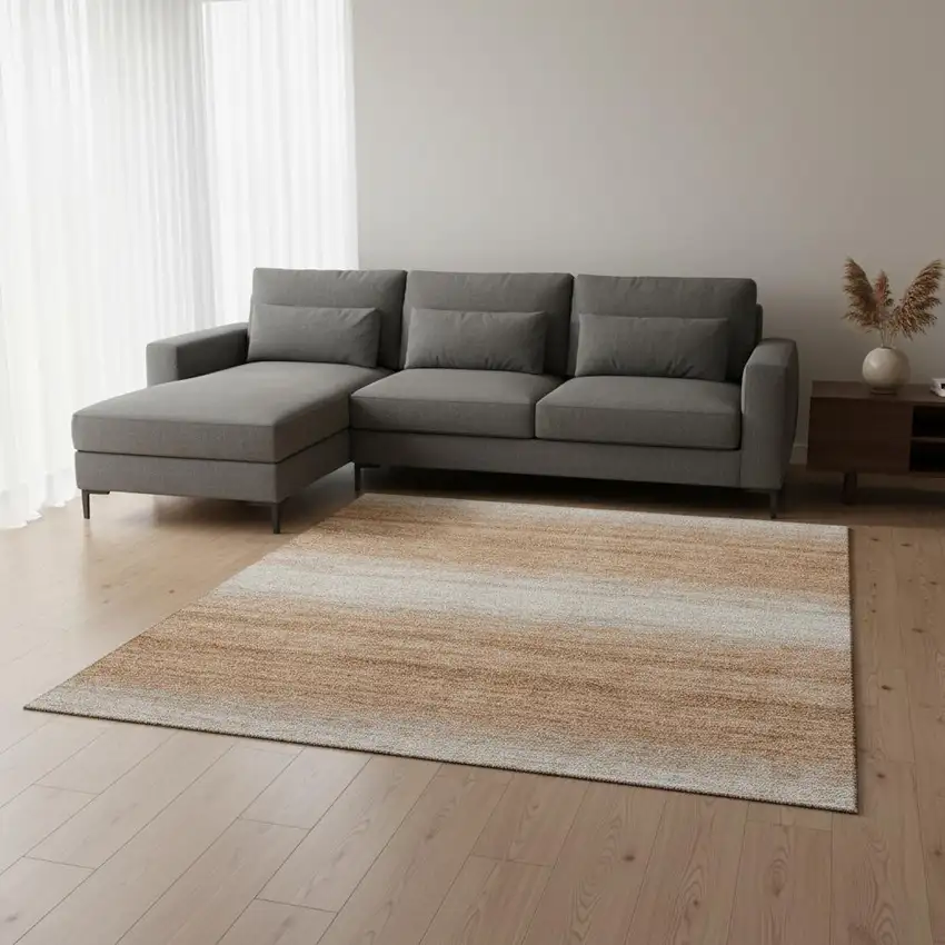 Copper And Beige Striped Washable Area Rug With UV Protection Photo 2