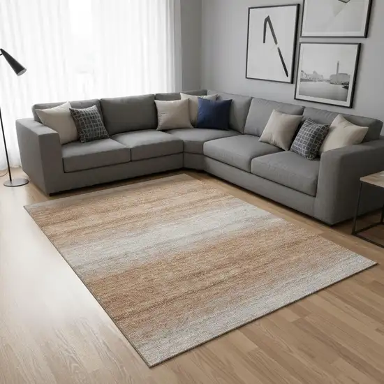 Copper And Beige Striped Washable Area Rug With UV Protection Photo 2