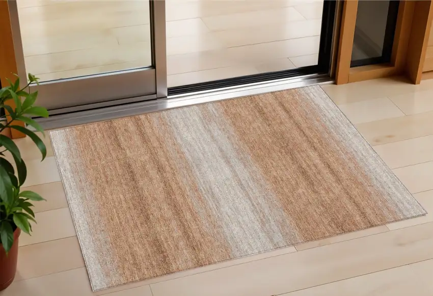 Copper And Beige Striped Washable Indoor Outdoor Area Rug Photo 1