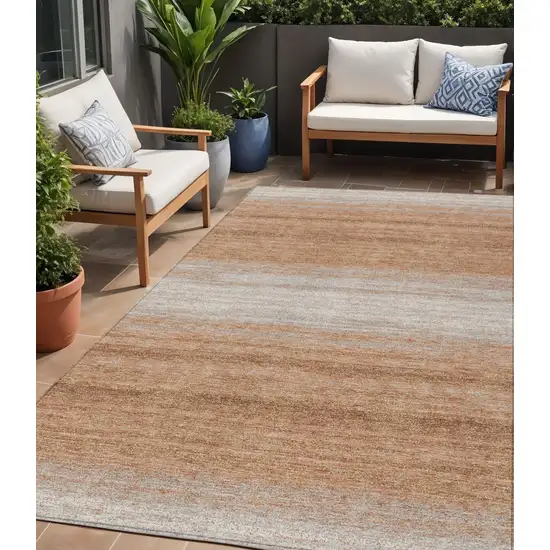 Copper And Beige Striped Washable Indoor Outdoor Area Rug Photo 1