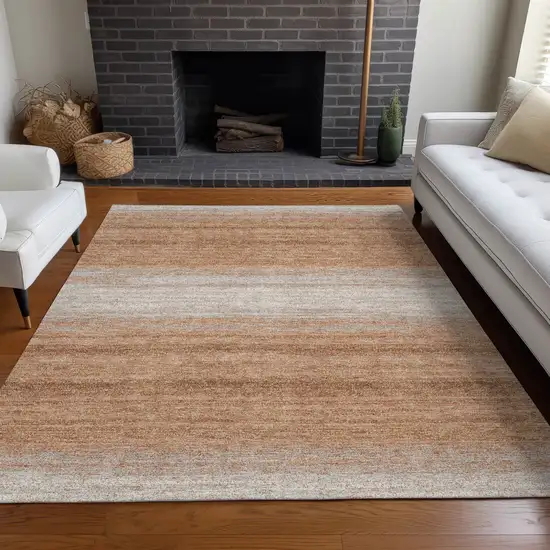 Copper And Beige Striped Washable Indoor Outdoor Area Rug Photo 9
