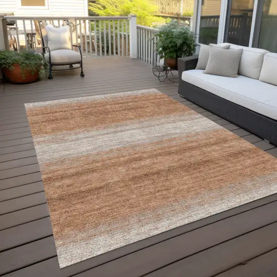 Copper And Beige Striped Washable Indoor Outdoor Area Rug Photo 7