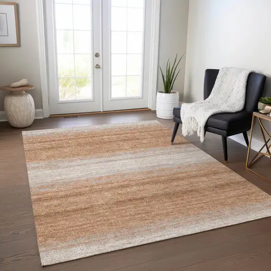 Copper And Beige Striped Washable Indoor Outdoor Area Rug Photo 9