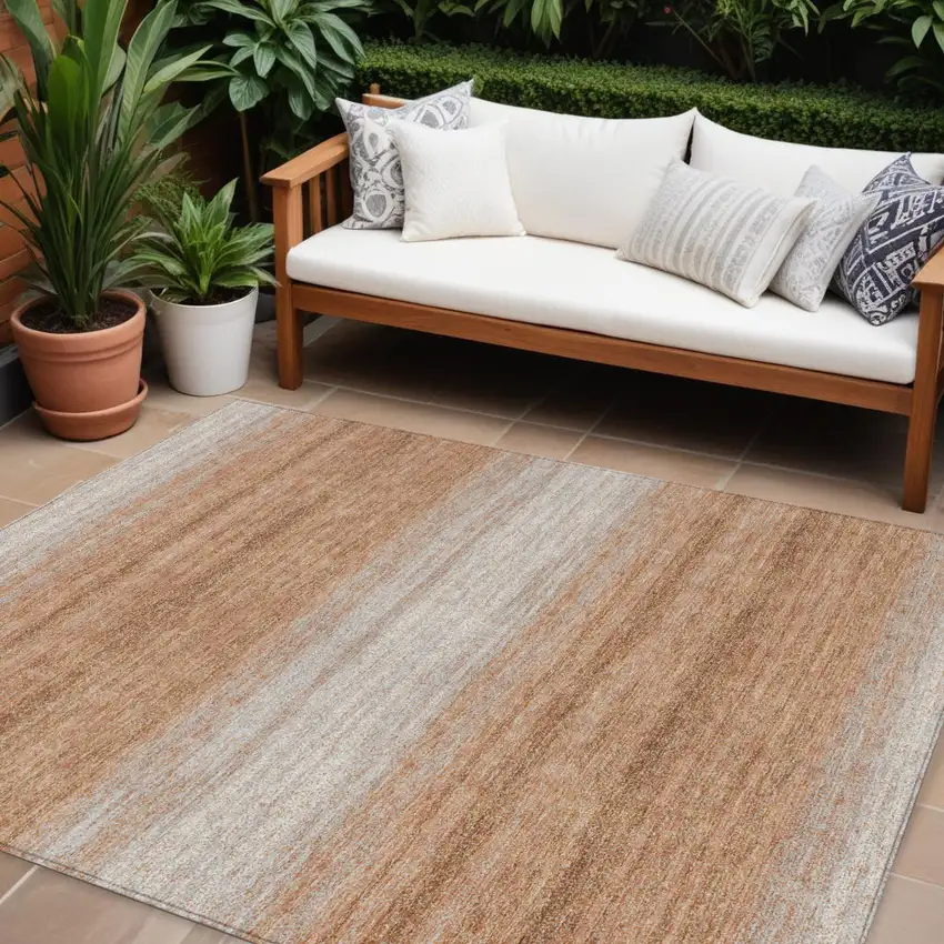 Copper And Beige Striped Washable Indoor Outdoor Area Rug Photo 1
