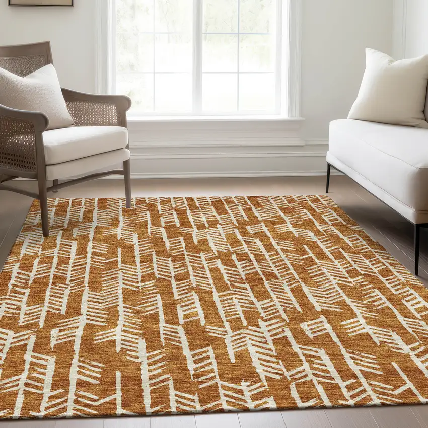 Copper And Beige Tribal Washable Area Rug With UV Protection Photo 6