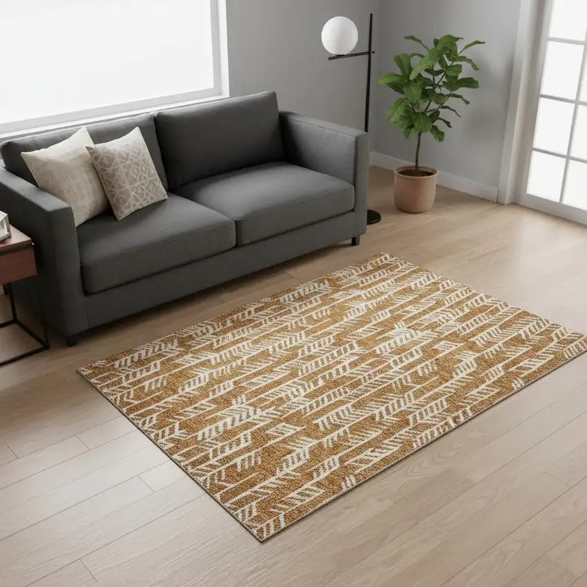 Copper And Beige Tribal Washable Area Rug With UV Protection Photo 2