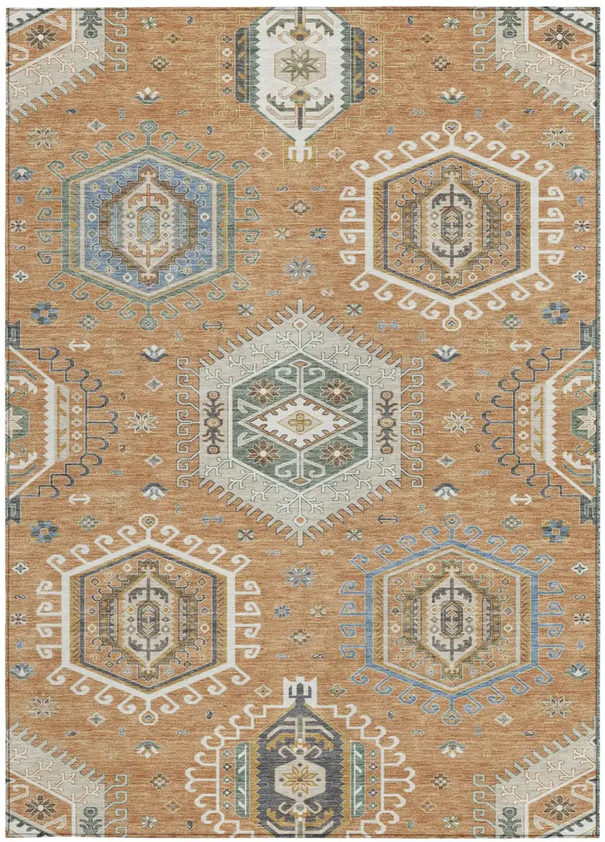 Copper And Beige Tribal Washable Indoor Outdoor Area Rug Photo 3