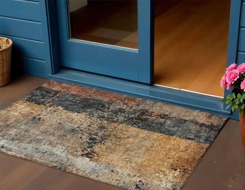 Copper And Black Abstract Washable Indoor Outdoor Area Rug Photo 1