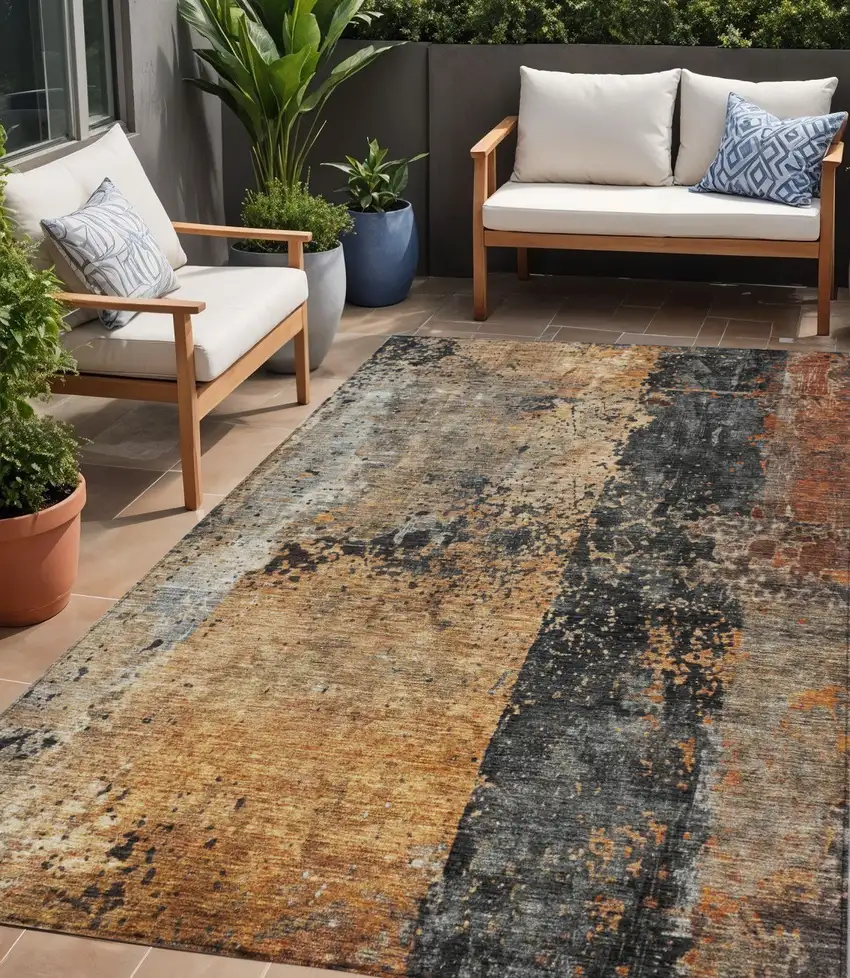 Copper And Black Abstract Washable Indoor Outdoor Area Rug Photo 1