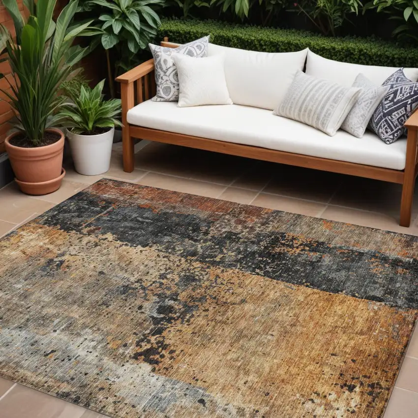 Copper And Black Abstract Washable Indoor Outdoor Area Rug Photo 1