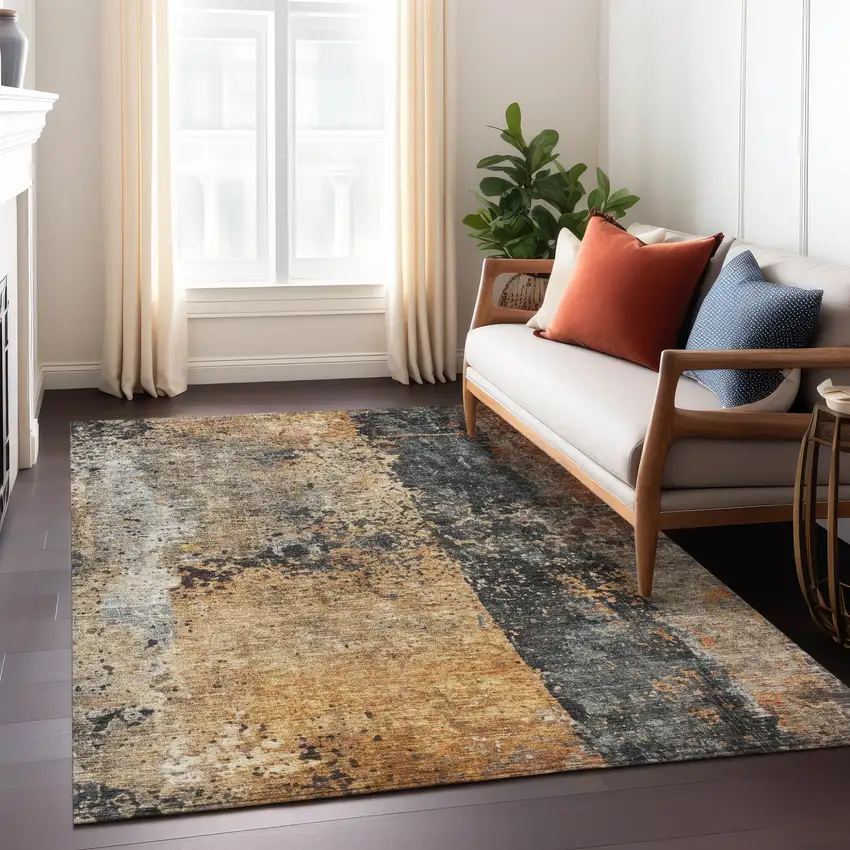 Copper And Black Abstract Washable Indoor Outdoor Area Rug Photo 9