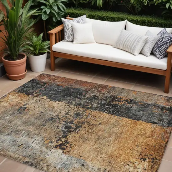 Copper And Black Abstract Washable Indoor Outdoor Area Rug Photo 1