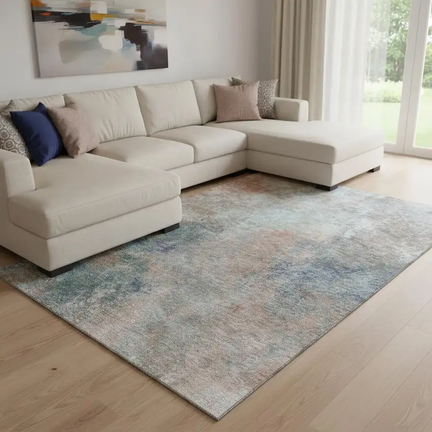 Copper And Blue Abstract Washable Area Rug With UV Protection Photo 2