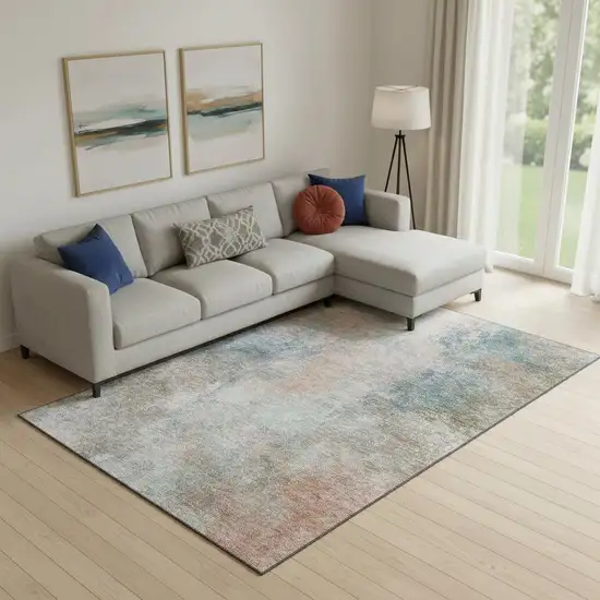 Copper And Blue Abstract Washable Area Rug With UV Protection Photo 2