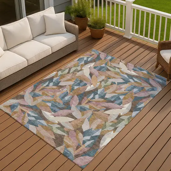 Copper And Blue Floral Washable Indoor Outdoor Area Rug Photo 4