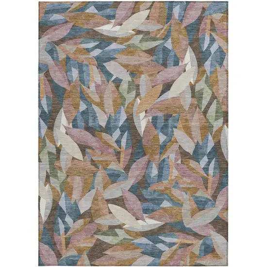 Copper And Blue Floral Washable Indoor Outdoor Area Rug Photo 3
