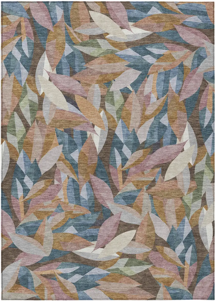 Copper And Blue Floral Washable Indoor Outdoor Area Rug Photo 1