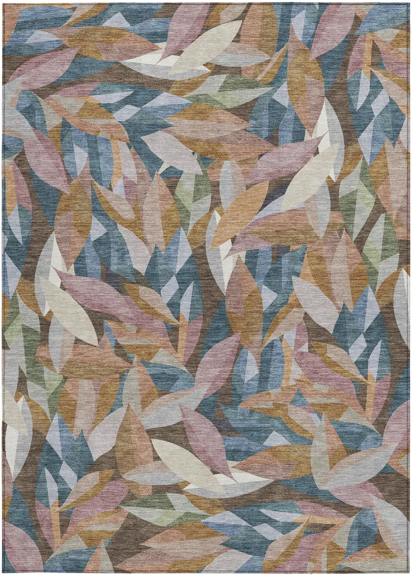 Copper And Blue Floral Washable Indoor Outdoor Area Rug Photo 3