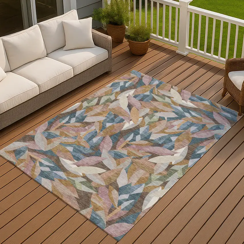 Copper And Blue Floral Washable Indoor Outdoor Area Rug Photo 4