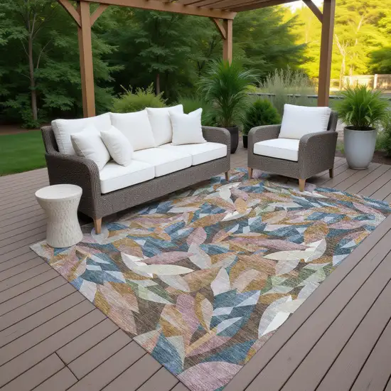 Copper And Blue Floral Washable Indoor Outdoor Area Rug Photo 7