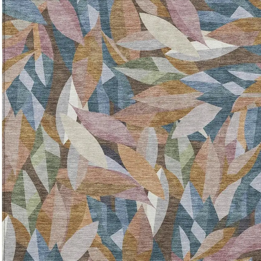 Copper And Blue Floral Washable Indoor Outdoor Area Rug Photo 2