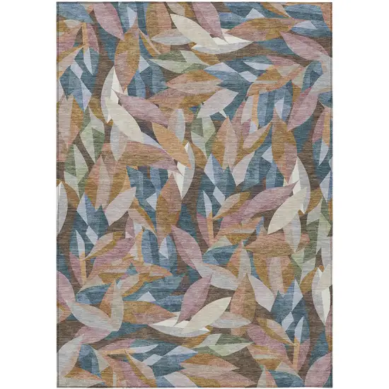 Copper And Blue Floral Washable Indoor Outdoor Area Rug Photo 1