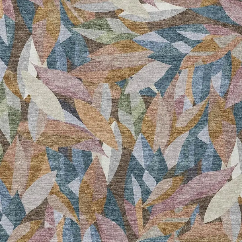 Copper And Blue Floral Washable Indoor Outdoor Area Rug Photo 2