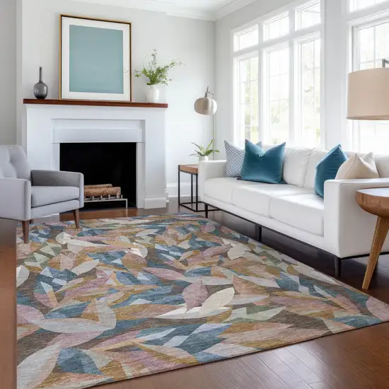 Copper And Blue Floral Washable Indoor Outdoor Area Rug Photo 6