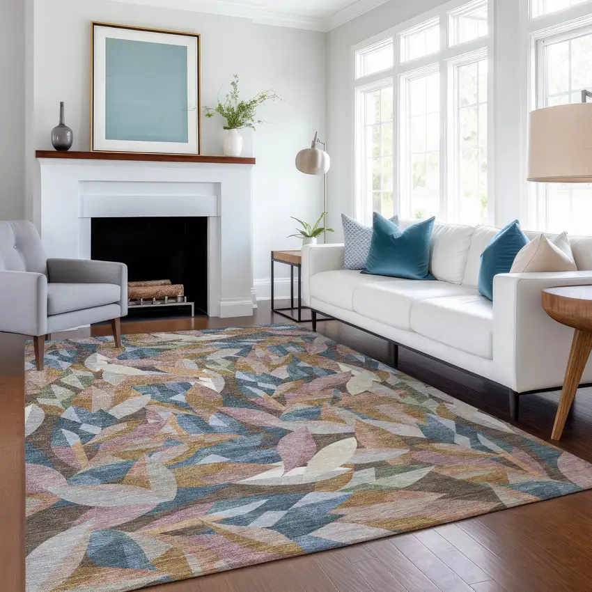 Copper And Blue Floral Washable Indoor Outdoor Area Rug Photo 6